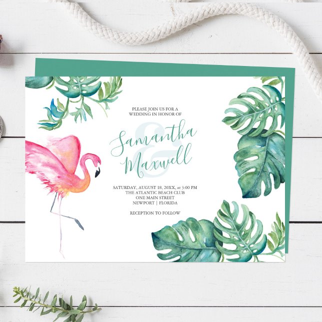 Casamento Verde Tropical Watercolor (Florida destination wedding invitations watercolor pink flamingo & palm leaf Victoria  Grigaliunas)