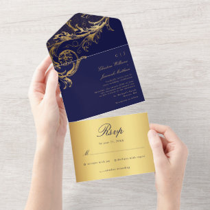 Casamento Vintage Blue Dourado Damask Calliografia