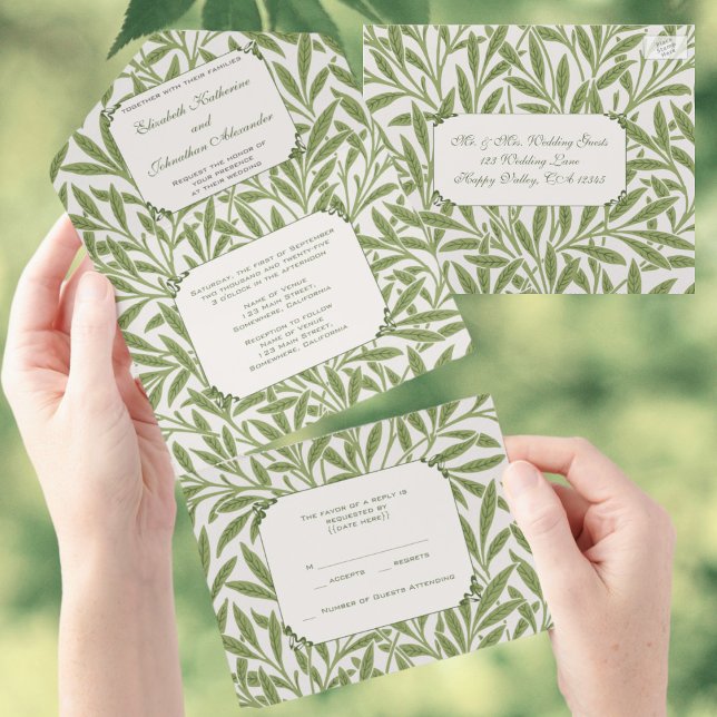 Casamento Vintage, Padrão de Folhas de Salgueiro V (Vintage Wedding, Victorian Willow Leaves Pattern by William Morris All-In-One Wedding Invitation)