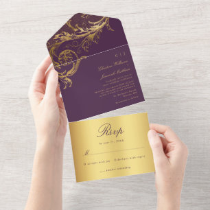 Casamento Vintage Purple Dourado Damask Calliograf