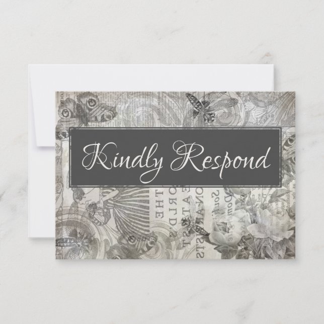 Casamento vintage RSVP Cinzas Antigas e Branco (Frente)
