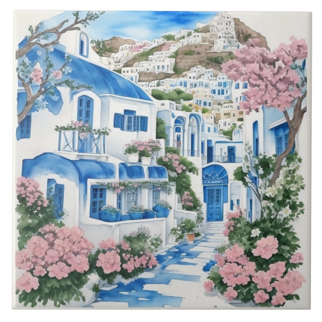 Casas de Aquarela Santorini e Flores Rosa (Frente)