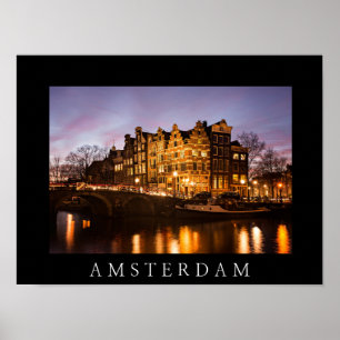 Casas do canal de Amsterdã ao anoitecer pôster pre