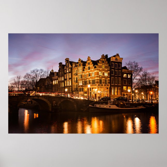 casas do canal de Amsterdã ao pôr do sol pôster (Frente)