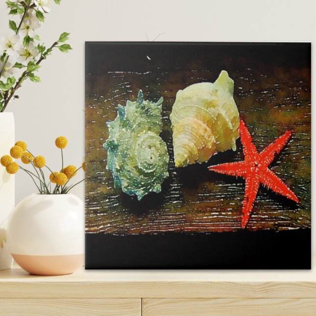 caserna russa de lagoa de água (rustic watercolor seashell starfish beach house ceramic tile)