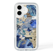 "Caso de colagem azul estética iPhone 16 - Lua