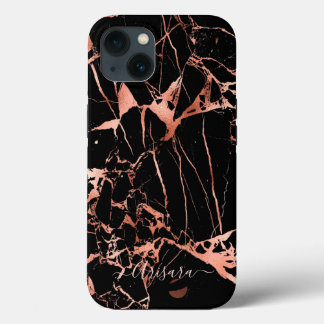 Caso PixDezines Black Marble Faux Rose Gold Veins