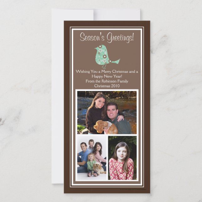 Castanho e Azul Pássaro Floral Natal 3 Cartões com (Frente)