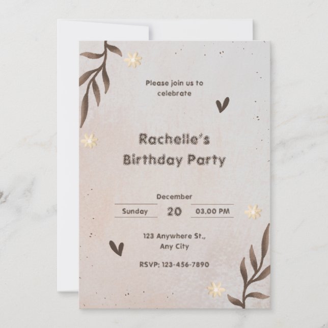 Castanho Floral Watercolor Deixa Convite Aniversár (Frente)