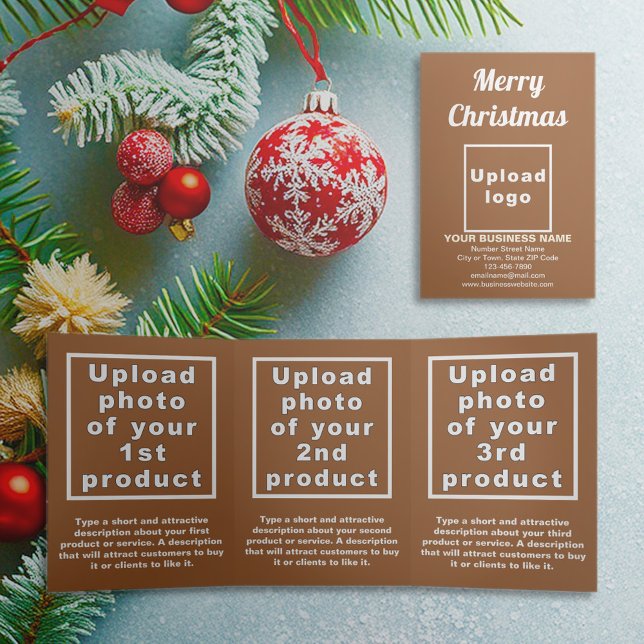 Castanho | Natal | Cartão triplo comercial (Brown trifold card for Christmas with your business brand and products or services)