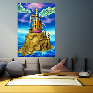 Castelo na rocha perto do mar   AI Art Poster