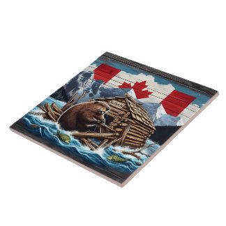 castor canadense com bandeira e lodo na natureza