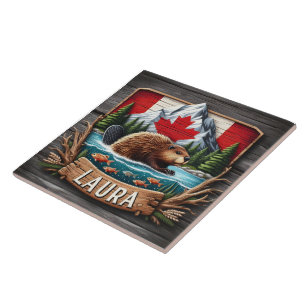 castor canadense com bandeira e montanhas