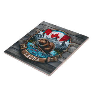 castor canadense com bandeira e montanhas ao sol