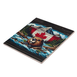 castor canadense com bandeira em Mountain Stream