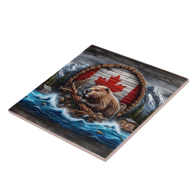 castor canadense em frente à paisagem montanhosa (Lateral)