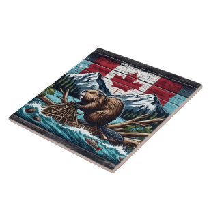 castor canadense pela bandeira e montanhas