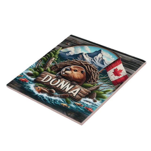 Castor Canadense Perto Do Lago Com Montanhas Rocho (Lateral)