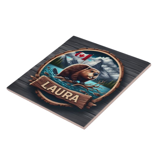 Castor em lago arborizado com bandeira canadense (Lateral)