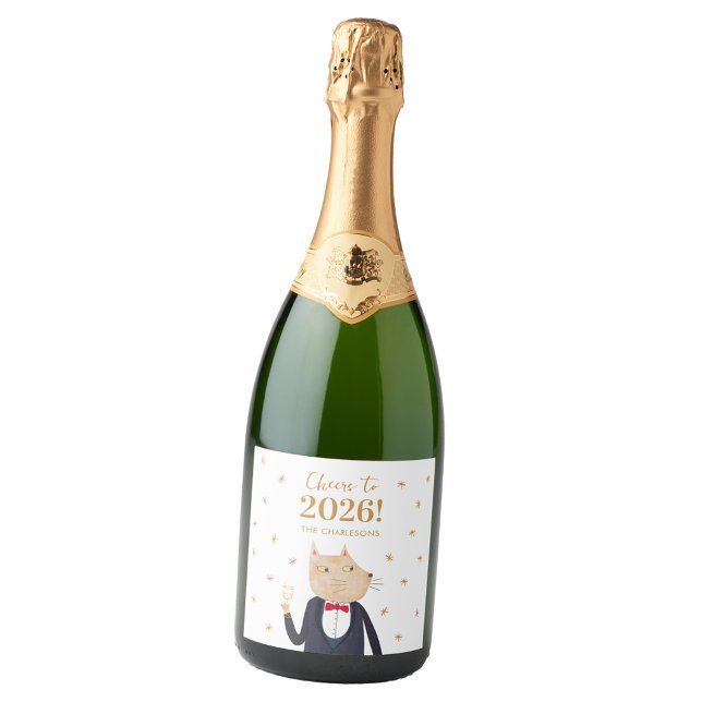 Cat Cheers to 2026 New Year Personalized (Fun cat Cheers to 2026 New Year celebration personalized custom name sparkling wine bottle label)