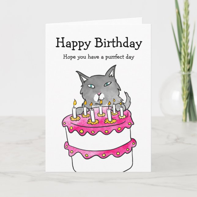 Cat com cartão de aniversário de bolo (Frente)