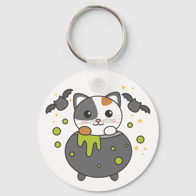 Cat Happy Halloween Cauldron Bat Chaveiro (Frente)