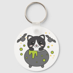 Cat Happy Halloween Cauldron Bat Chaveiro