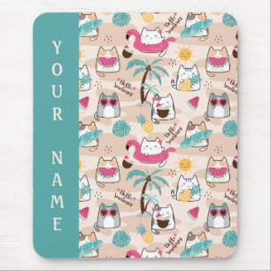 Cat Hello Summer Beach Gatinho Vacing Mouse Pad