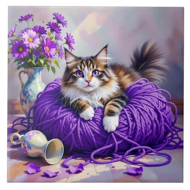 Cat  in Purple Yarn and Flowers   (Frente)
