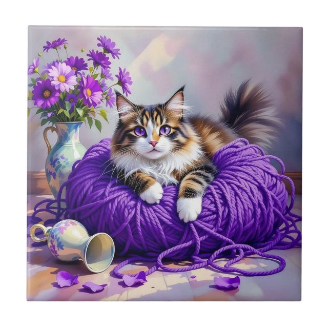 Cat  in Purple Yarn and Flowers   (Frente)