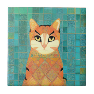 Cat moroccan mosaic ginger on turquoise background