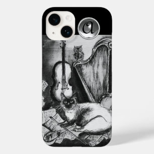 CAT MUSICAL,OWL,VIOLIN,HARP Black White Cinza Musi
