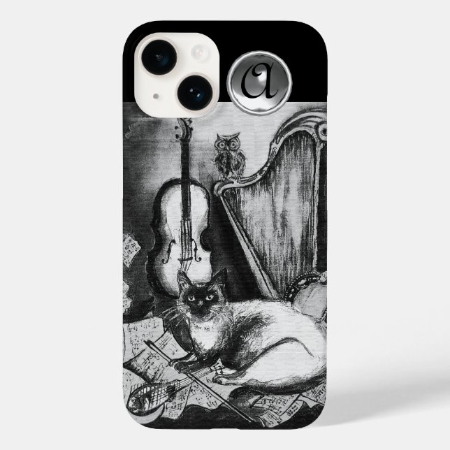 CAT MUSICAL,OWL,VIOLIN,HARP Black White Cinza Musi (Verso)