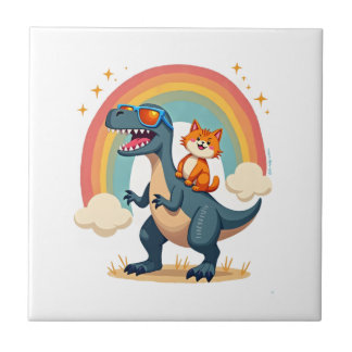 Cat Riding Dinosaur T-Rex Kitten Rainbow Dino Funn