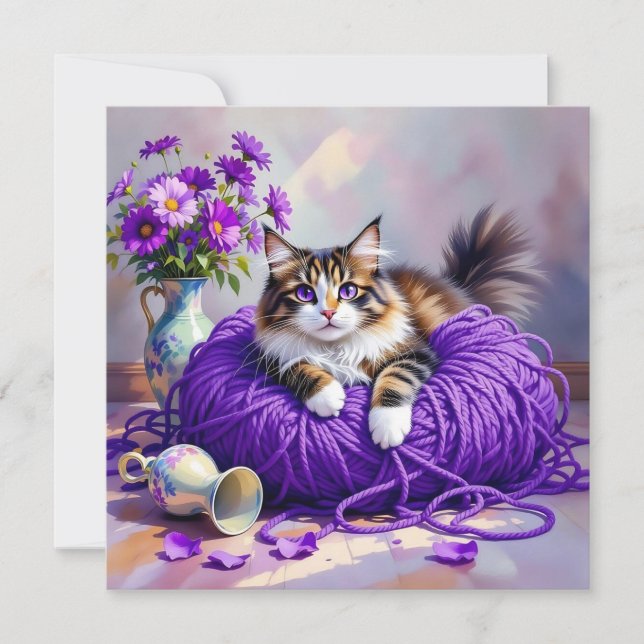 Cat with Purple Eyes in Purple Yarn and Flowers (Frente)