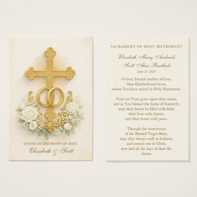 Catholic Wedding Prayer Card  Gold Cross (Frente & Verso)