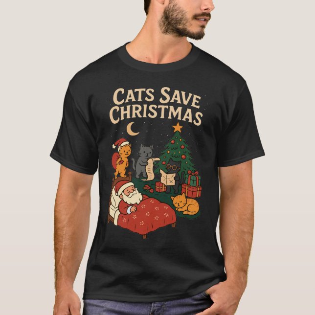 Cats Salvam o Natal Camisa Santa Gato Divertido Fe (Frente)