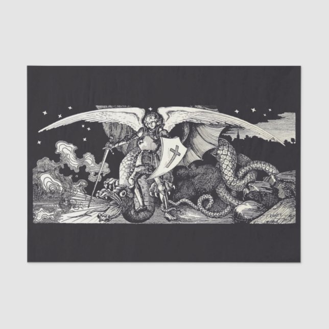 Cavaleiro Medieval e Dragão B W Papel Tecido (Frente )