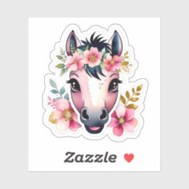 Cavalo Aquarela Fofo com Adesivo de Coroa Floral R