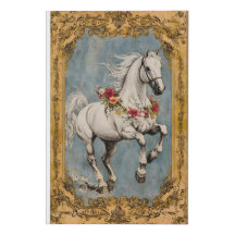 Cavalo branco adornado com uma coroa de flores.
