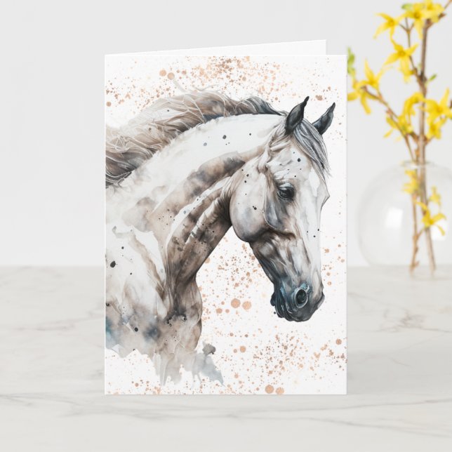 Cavalo Branco | Desenho em Aquarela | Cartão de Sa (Flor Amarela)