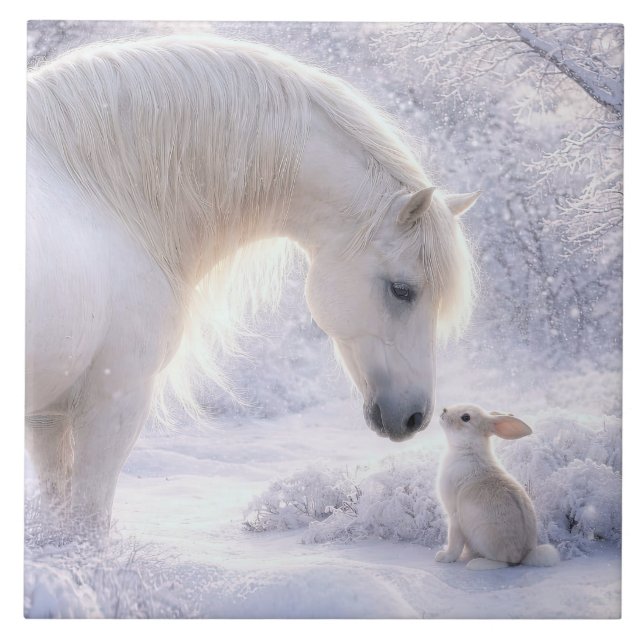 Cavalo Branco Lindo e Coelho na Neve (Frente)