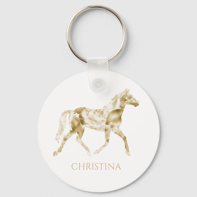 Cavalo Chaveiro Personalizado Dourado Floral (Frente)