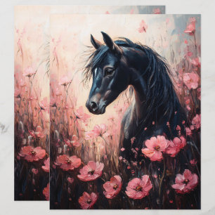 Cavalo com Flores Selvagens Cor-de-Rosa Esbranquiç