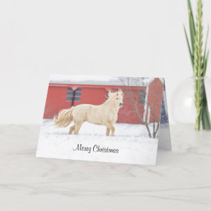 Cavalo correndo no cartão de feriado de neve dobra