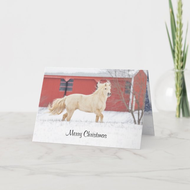Cavalo correndo no cartão de feriado de neve dobra (Frente)