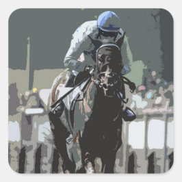 Cavalo De Corrida Com Jóquei Em Adesivos Azuis