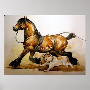 Cavalo de esboço e impressão do poster do buldog