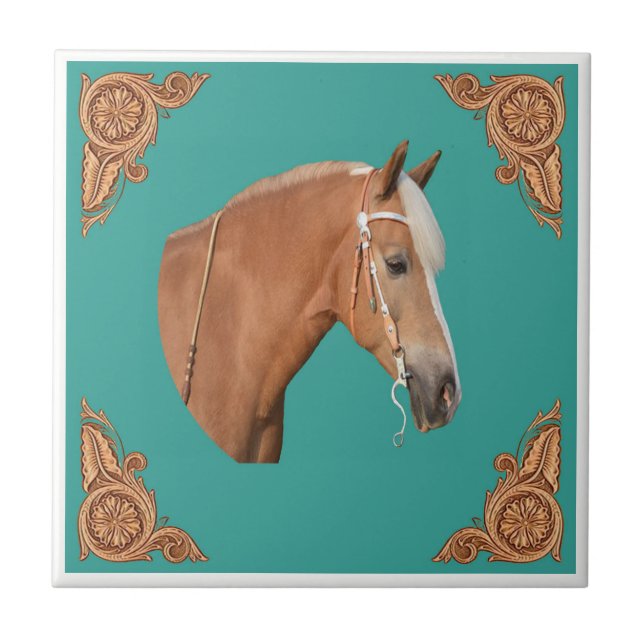 Cavalo de Palomino Ocidental com Cantos De Couro (Frente)