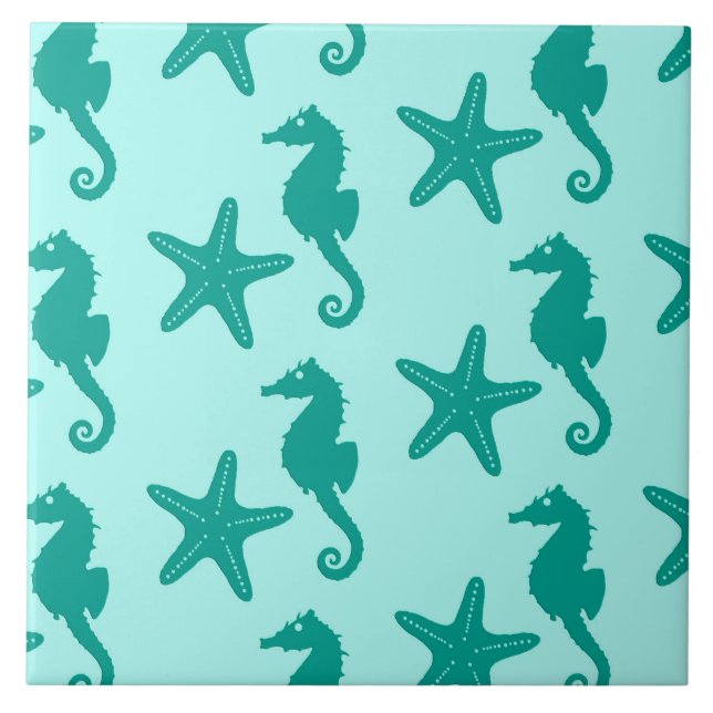 Cavalo-do-mar e estrelas-do-mar - turquesa e aqua (Frente)
